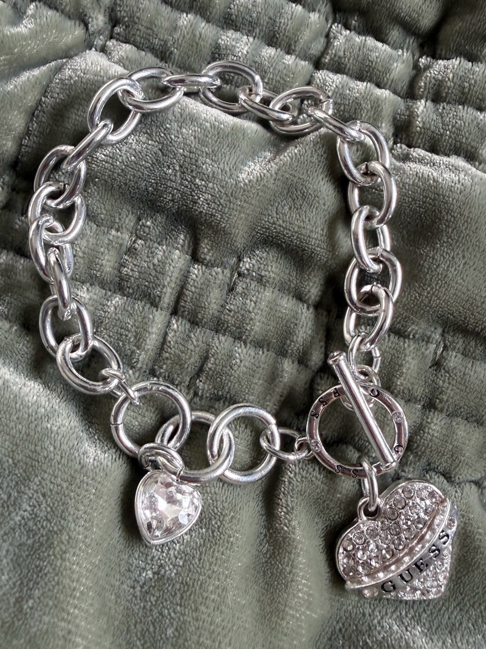 GUESS Silver Crystal Heart Charm Toggle Bracelet